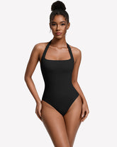 Square Neck Halter Bodysuit Double Lined Thong Going Out Top