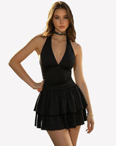 V Neck Ruched Mini Dress Ruffle Hem Short Party Club Dress