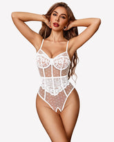 Sheer Mesh Lace Bodysuit V Neck Teddy Lingerie