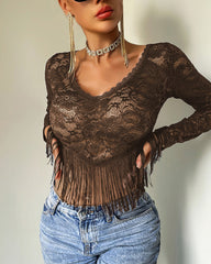 Sheer Lace Fringe Hem Crop Top