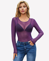 Sheer Mesh Long Sleeve Top See Through Crew Neck Slim Fit Clubwear