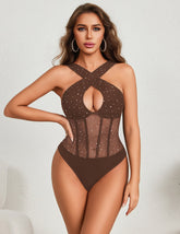 Sequin Mesh Criss Cross Cutout Bodysuit