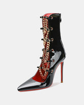Gold Chain Front-Zip Patent Stiletto Ankle Boot with Contrast Lining