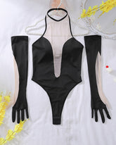 Plunging Nude Mesh Panel Bodysuit