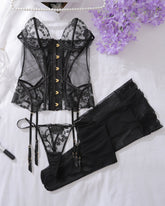 Embroidered Floral Lace-up Bra Set with Stockings