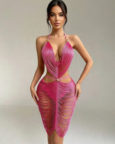 Fringe Halter Midi Dress Cut-Out Tassel Bodycon