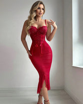 Red Lace Ruched Corset Sheer Midi Bodycon Dress