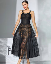 Floral Lace Midi Sheer Overlay Dress with Pearl Accents