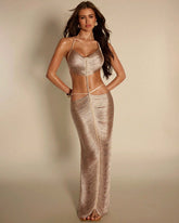 Halter High Slit Chain Details Fringe Maxi Dress