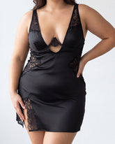 Plus Size Satin Lace Chemise Deep V-Neck Slip Dress