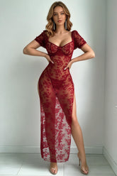 Sheer Floral Lace Maxi Dress - Short Sleeve Bodycon Long Gown with Slit