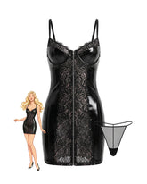 Faux Leather Lace Zip Front Mini Dress with Thong