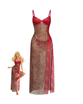 Leopard Print Sheer Maxi Slip Dress with Red Lace & Thong