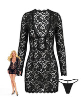 Floral Lace Long Sleeve Cutout Mini Dress with Thong