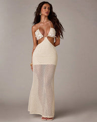 Sequin Crochet Halter Maxi Dress - Cutout Sheer Open Knit Boho Beach Cover Up