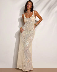 Sequin Crochet Spaghetti Strap Maxi Dress - Sheer Knit Beach Cover Up
