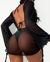 Sheer Long Sleeve Bikini Set with Ruched Cover Up
