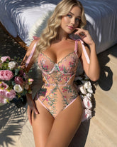Floral Embroidered Sheer Bodysuit Plunge Underwire Teddy