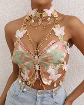 Embroidered Butterfly Top with Pearl Chain & Sequin Skirt Options