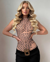 Song Lyric Print Mesh Top - Sheer See-Through Halter Top with Text Print