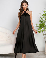 Satin Halter Maxi Dress O-Ring Backless Slip Nightgown