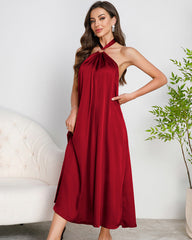 Satin Halter Maxi Dress O-Ring Backless Slip Nightgown