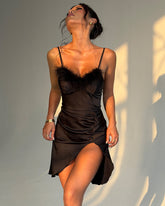 Feather Trim Satin Slip Dress Ruched High Slit Party Dress