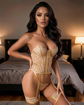 Embroidered Lace Corset Bra Set with Leg Garter