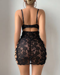 Floral Lace Lace-Up Mini Dress and Panty Set