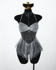 Rhinestone Mesh Halter Bodycon Mini Dress with Mesh Fringe Hem