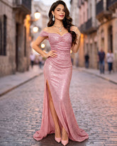 Sequin Off Shoulder Ruched Bodycon Maxi Dress with Side Slit