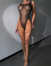 Sheer Mesh Open Crotch Strappy Bodysuit
