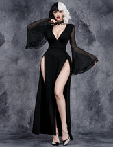 Gothic Dark Halloween Mesh Cape Sleeve Deep V Slit Maxi Dress