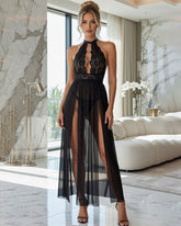 Halter Neck Floral Lace Top Sheer Mesh Maxi Skirt Lingerie Dress