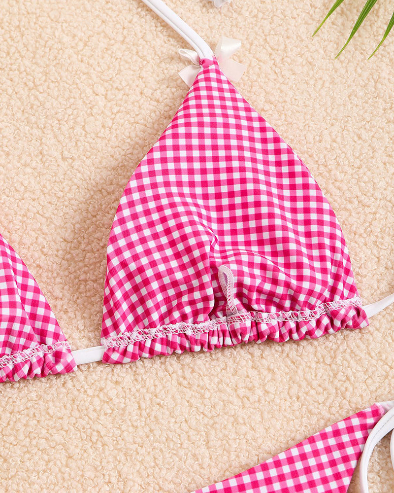 ⚡Flash Sale-【S-L】Halter Neck Tie Plaid Bikini Set