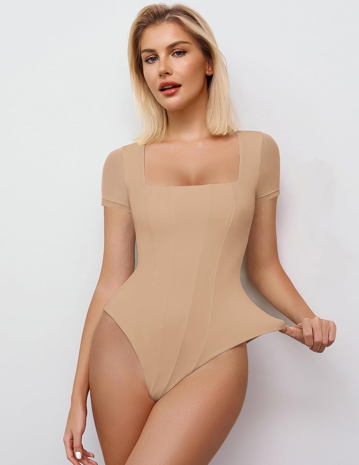 Square Neck Mesh Double Body Suit