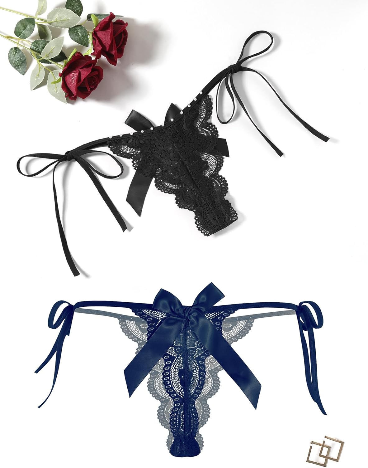 Floral Lace Tangas With Bow And Pearl