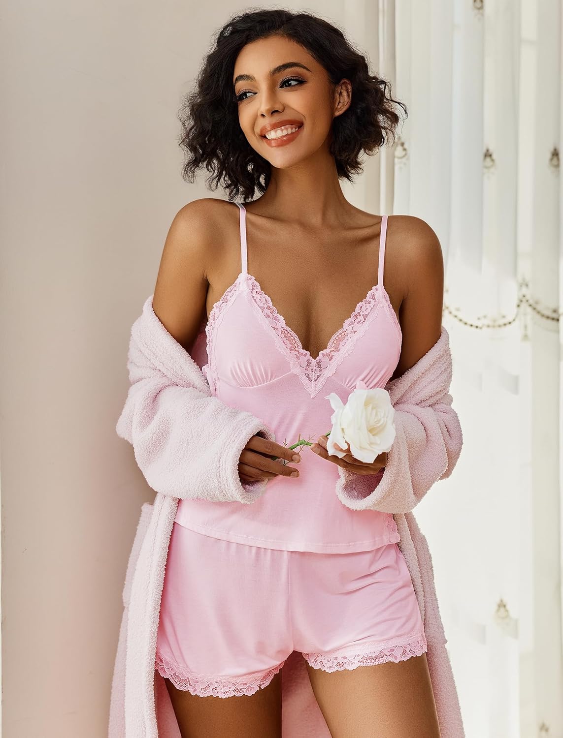 Lace Trim Cami Shorts Side Slit PJ Set
