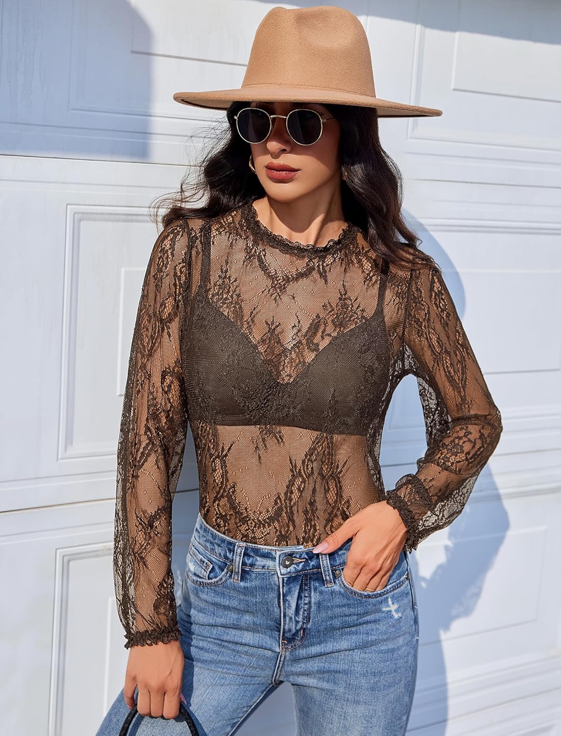 Floral Lace Mesh Top Long Sleeve Sheer Shirts