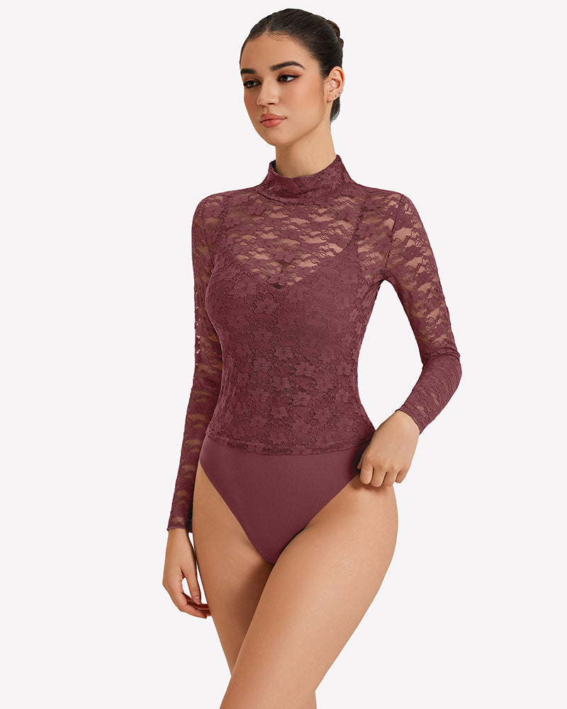 Long Sleeve Bodysuit Lace Tops Two Piece Set