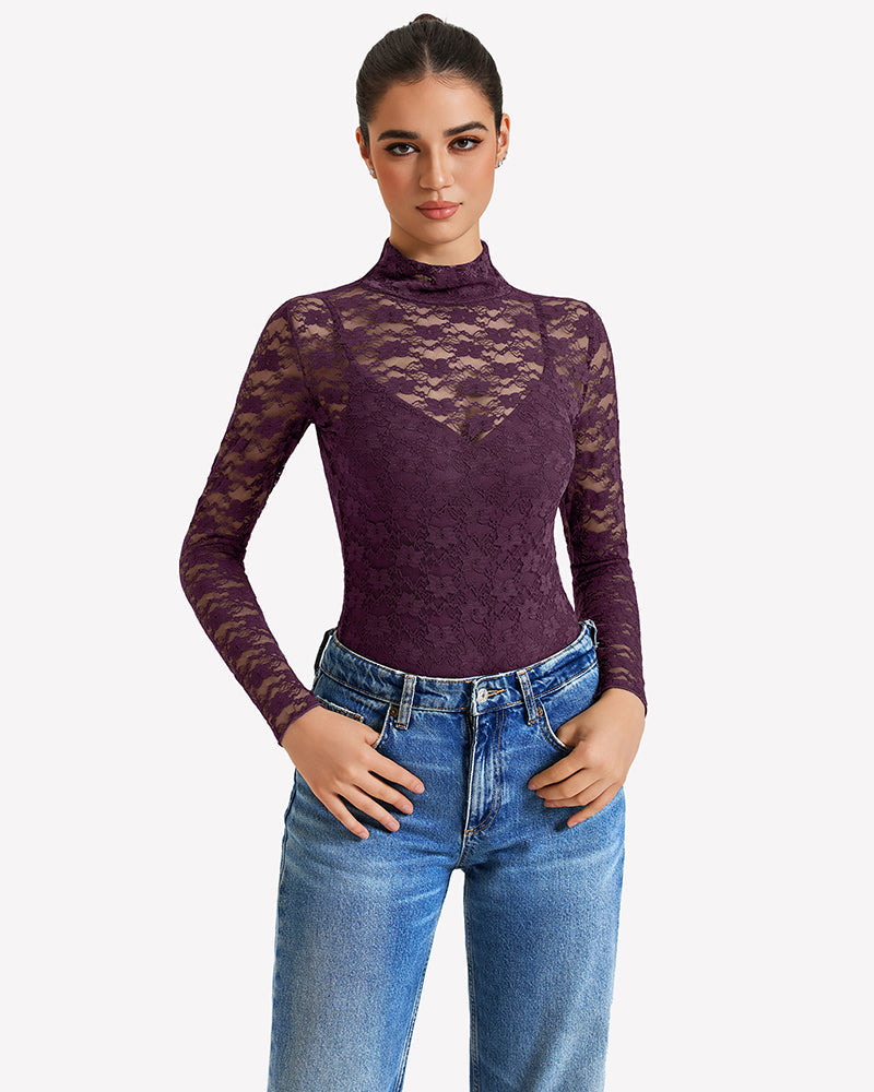 Long Sleeve Bodysuit Lace Tops Two Piece Set