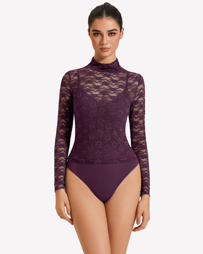 Long Sleeve Bodysuit Lace Tops Two Piece Set