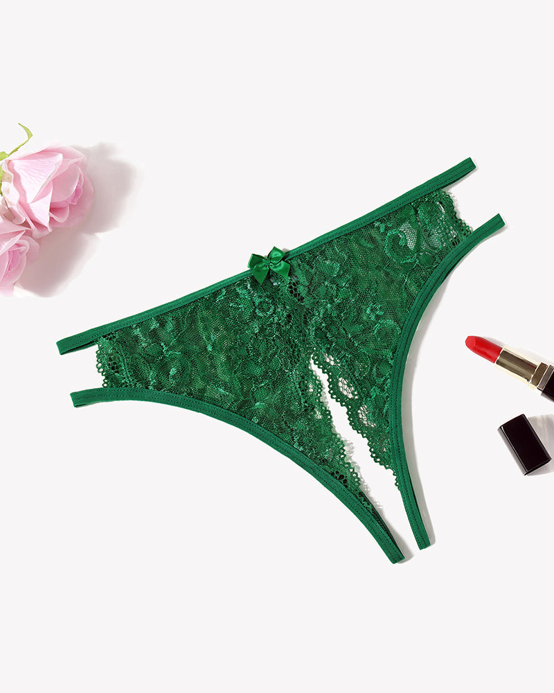 Floral Lace Crotchless Panties with Bow