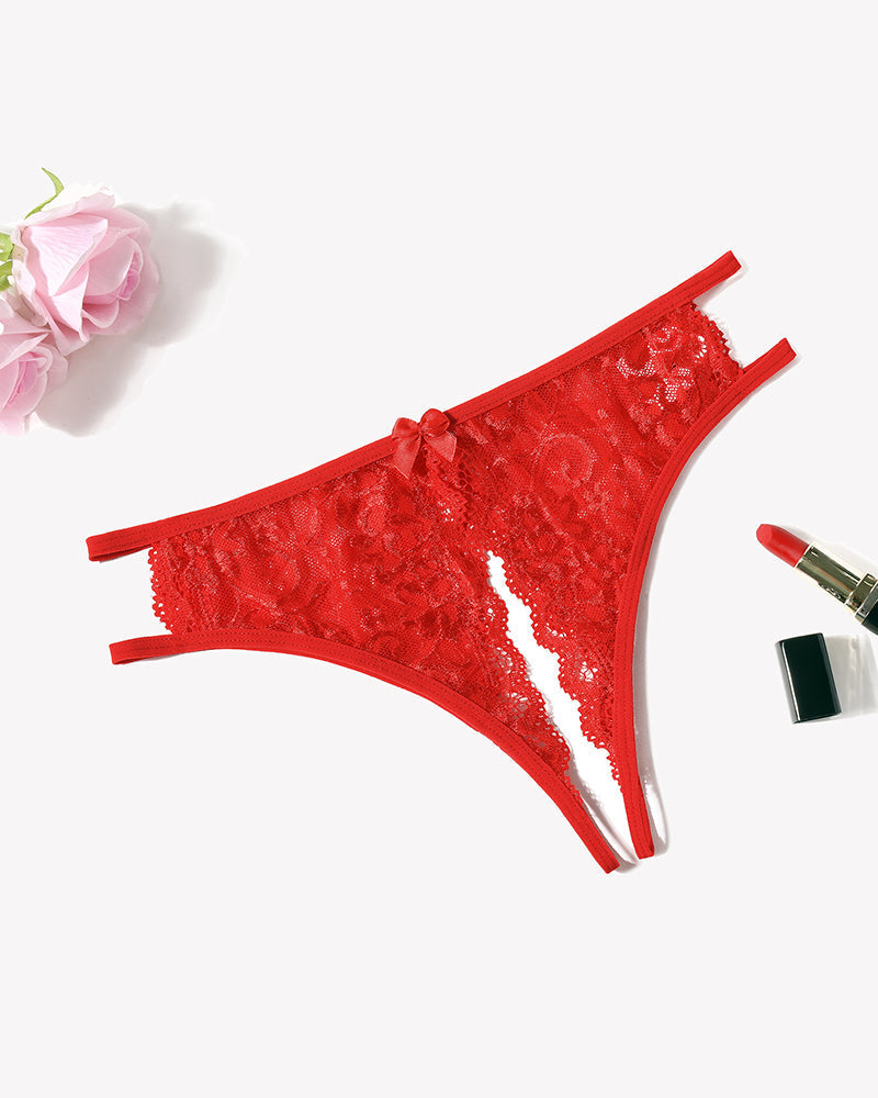 Floral Lace Crotchless Panties with Bow