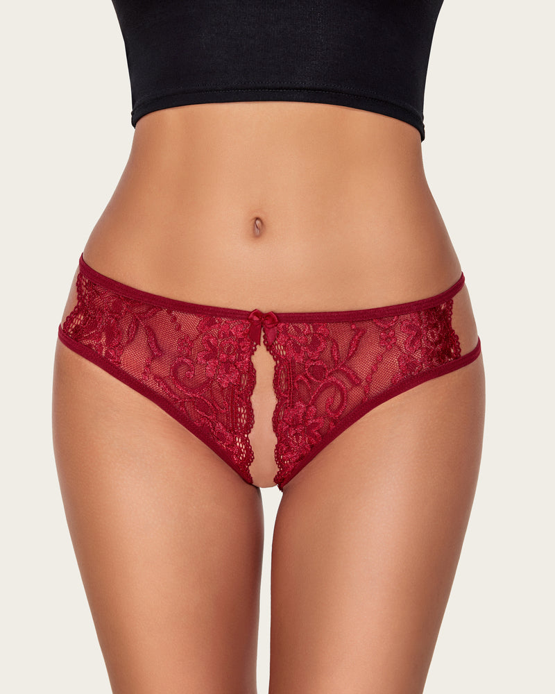 Floral Lace Crotchless Panties with Bow