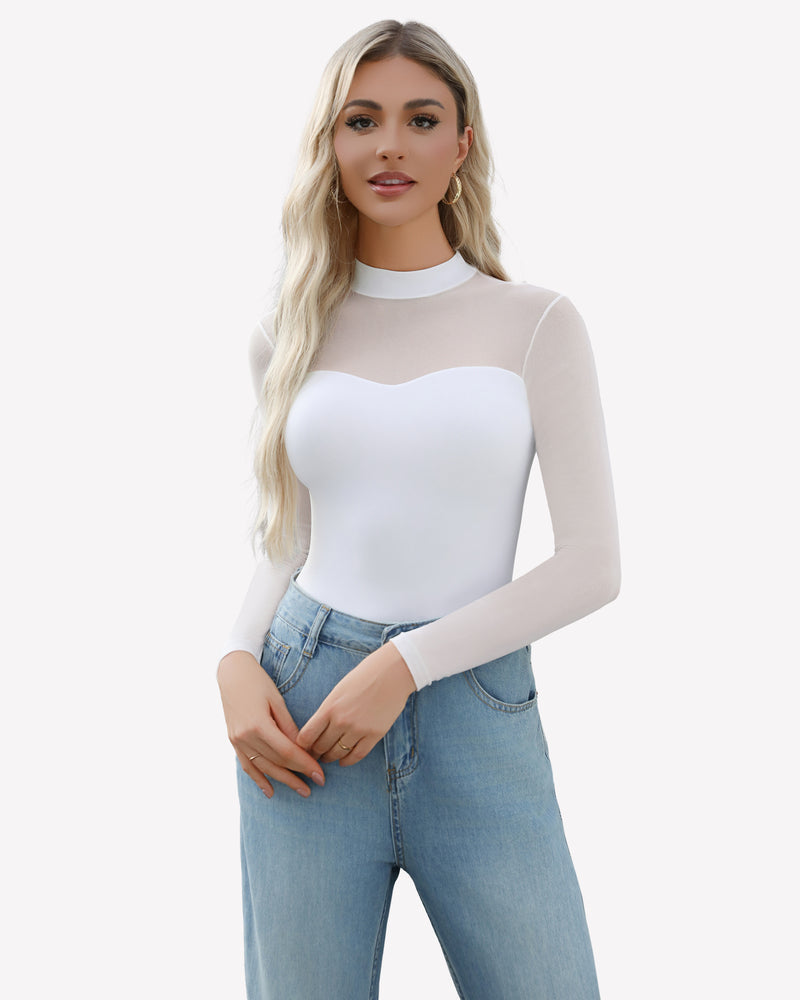 Mock Turtle Neck Sheer Mesh Bodysuit
