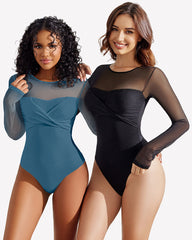 Long Sleeve Sheer Leotard Twist Knot Tops