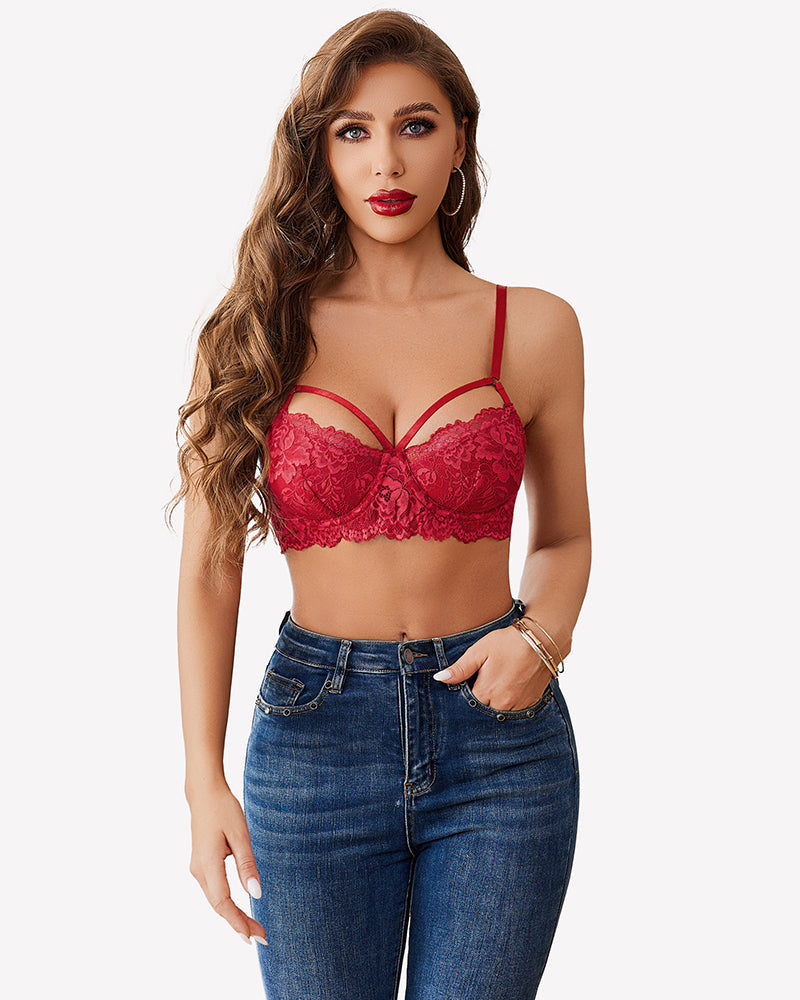 Lace Adjustable Strap Two Layer V Neck Bra