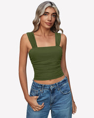 Mesh Square Neck Cute Tank Ruched Crop Top