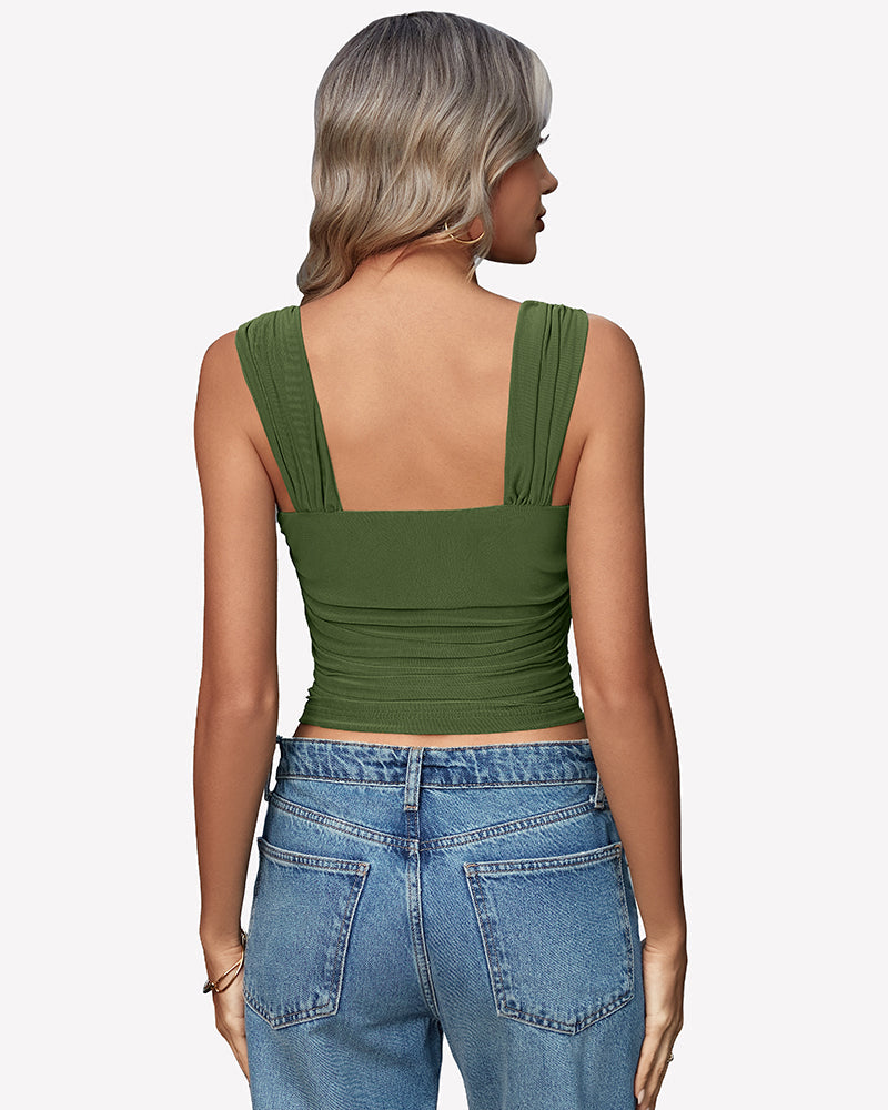 Mesh Square Neck Cute Tank Ruched Crop Top